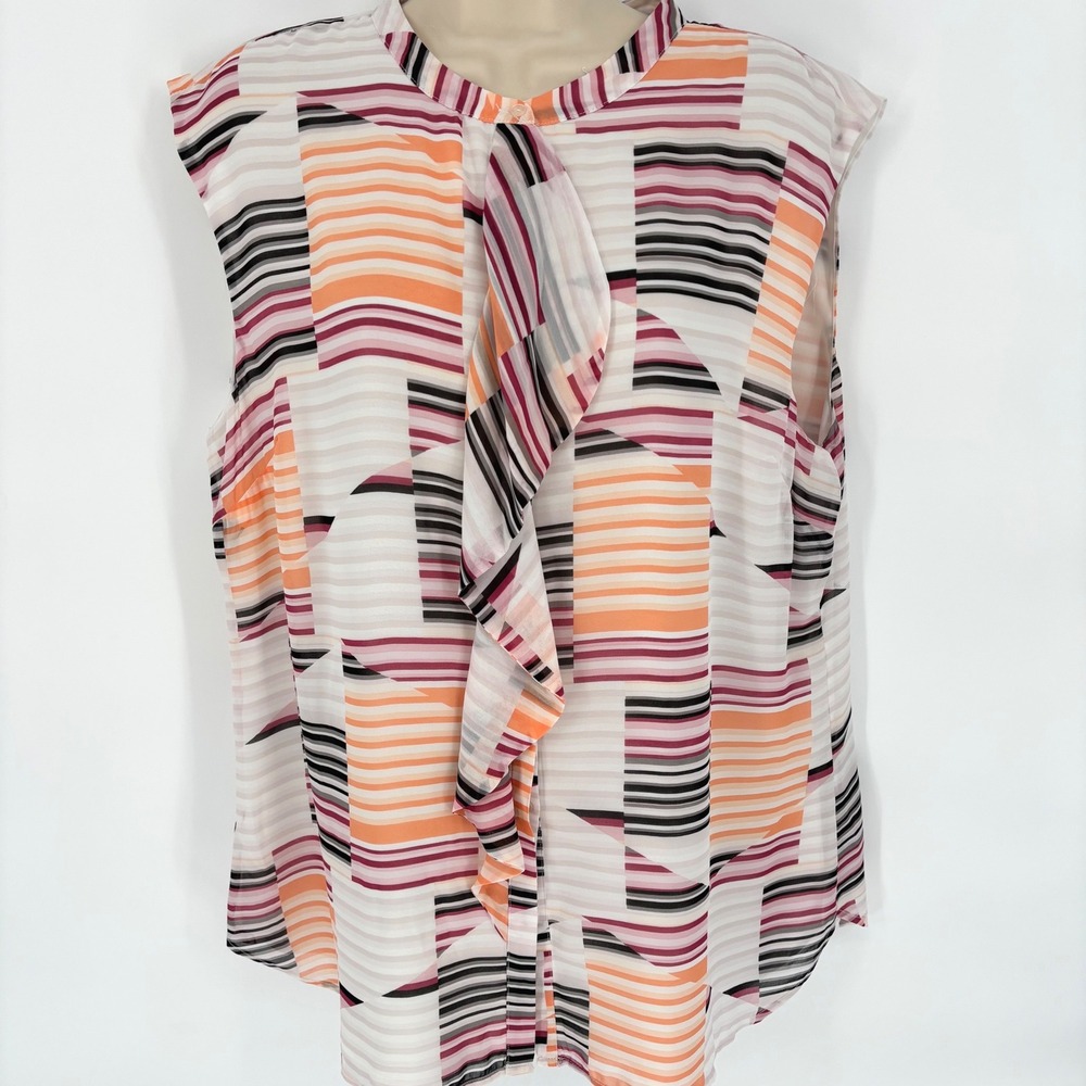 Le Chateau Womens XL Ruffle Front Geometric Striped Sleeveless Blouse Ivory NWT - Picture 2 of 6